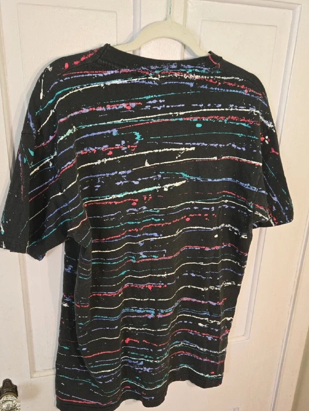 Men's Vintage Hanes Black Tee with Multicolor Paint Stripe Design XL